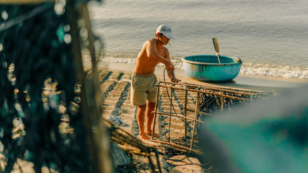 man, fisherman, beach, nature, shore, fishing, sea, mui ne, vietnam